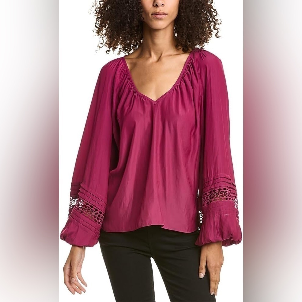 RAMY BROOK Women’s THALIA LACE TRIM V-NECK BLOUSE in Plum Size XS